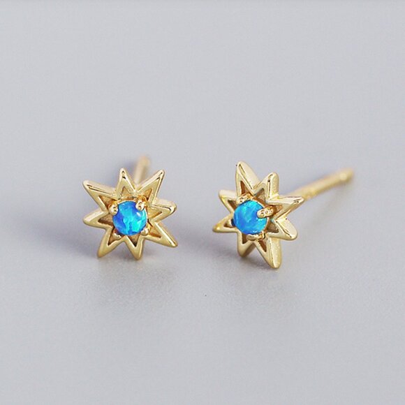 Opal Star Studs Blue opal Starburst Earrings North Star Studs Tiny Gold Studs - Picture 1 of 13